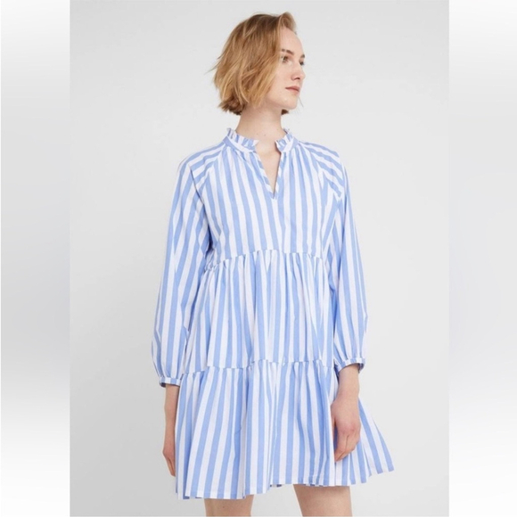 J.CREW Tiered Organic Cotton Poplin Long Sleeve Mini Dress Blue Barrie Stripe XS - Picture 4 of 15